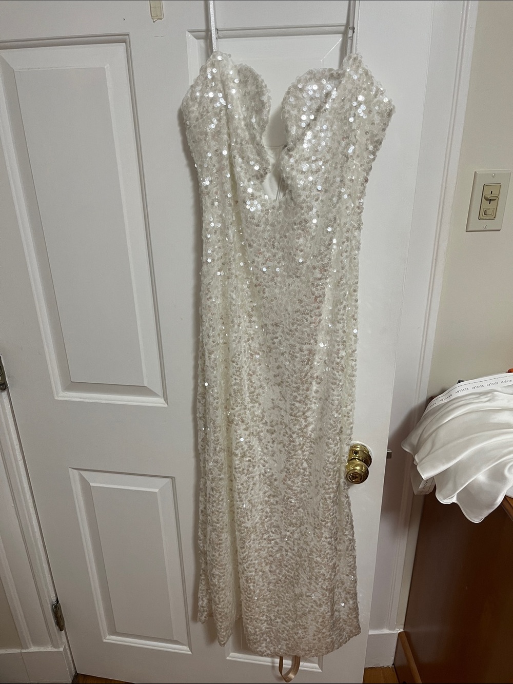 Meshki Ivory Sequin Strapless Evening Gown